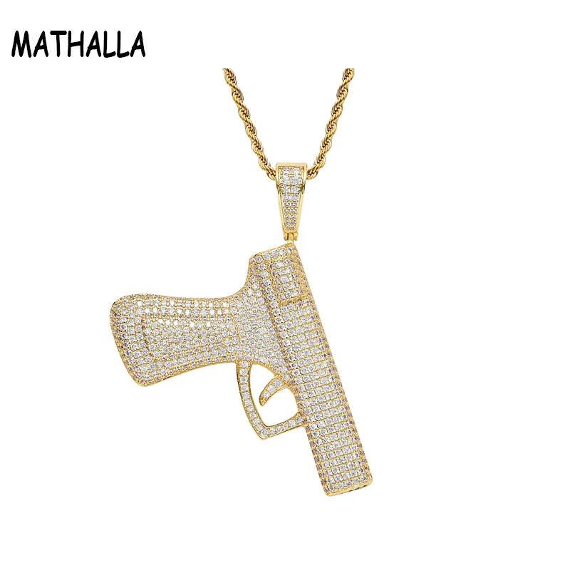 

MATHALLA Bling Pave CZ ожерелье с кулоном в форме пистолета Iced Out AAA кулон с кубическим цирконием пистолет золото латунь пистолет очарование хип-хоп ювелирные изделия для мальчиков