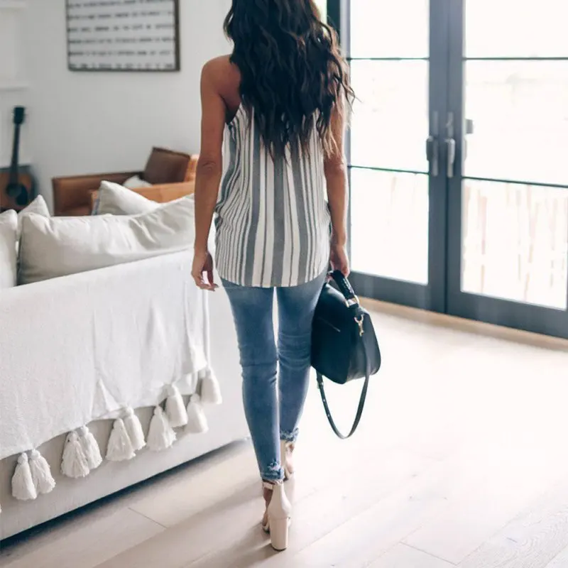 Women Sexy Sling Vest V-Neck Tops Casual Stripe Camisole Slim Sleeveless Summer Plus Size i | Женская одежда