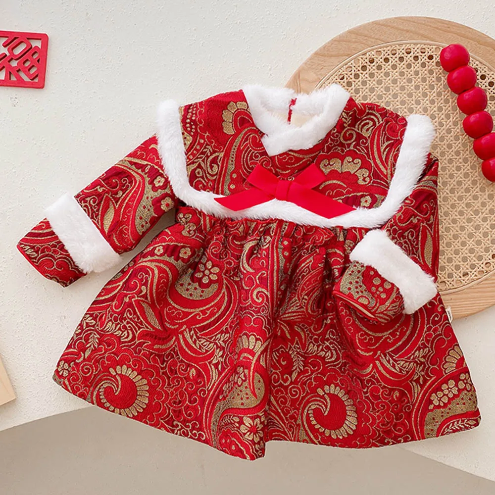

Chinese Style New Year Girls Traditional Dress Embrodiery Plus Velvet Warm Princess Christmas Winter Children Clothing