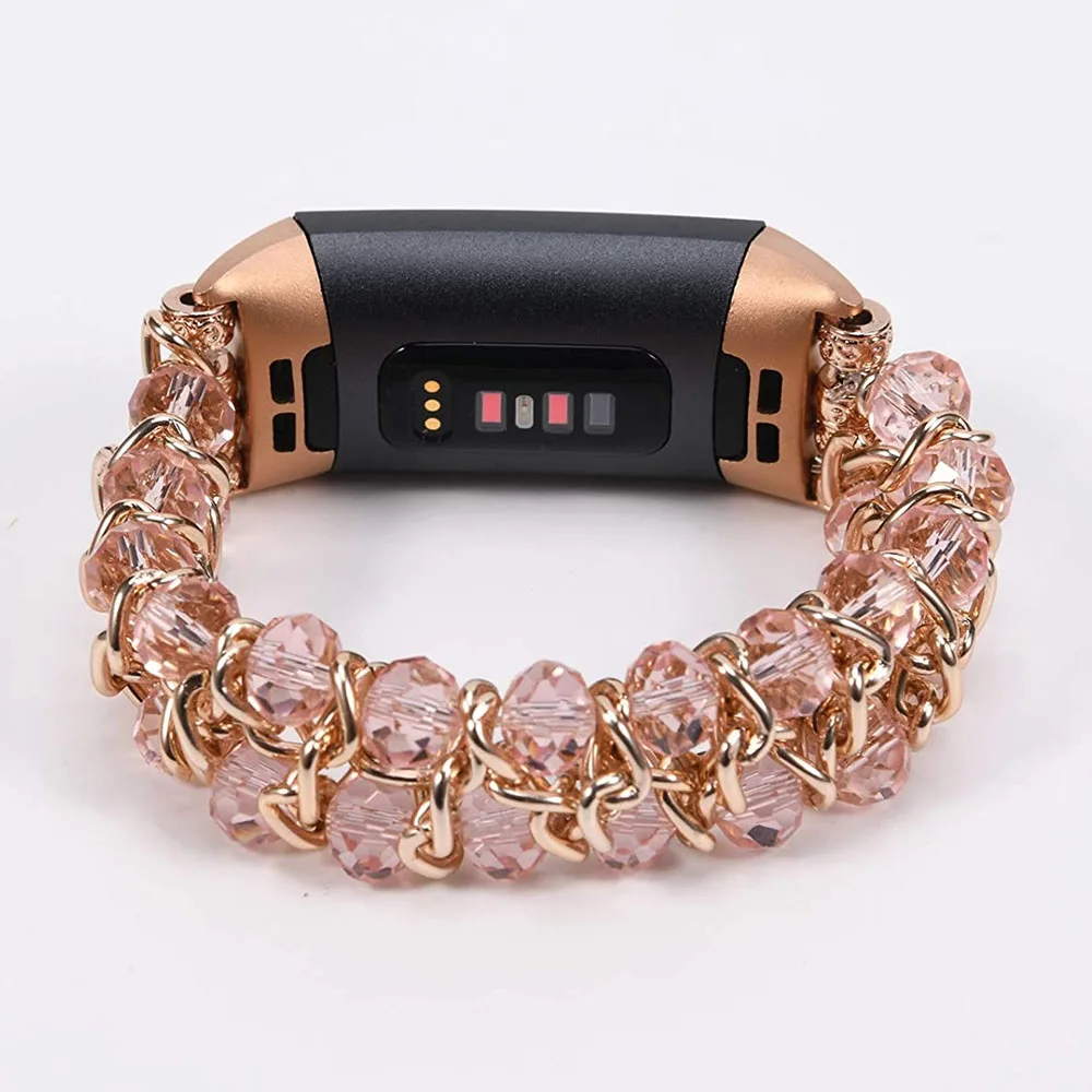 

Elastic Pink Band for Fitbit Charge 2 3 4 Strap Woman Bracelet Beaded Crystal Loop Replacement Watchband with Stainless Chain