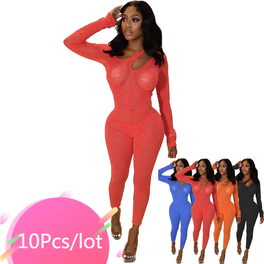 

Bulk Item Wholesale Lots Women Mesh Sheer Jumpsuits Long Sleeve Cut Out One Piece Romper Sexy See Through Club Party Outfits
