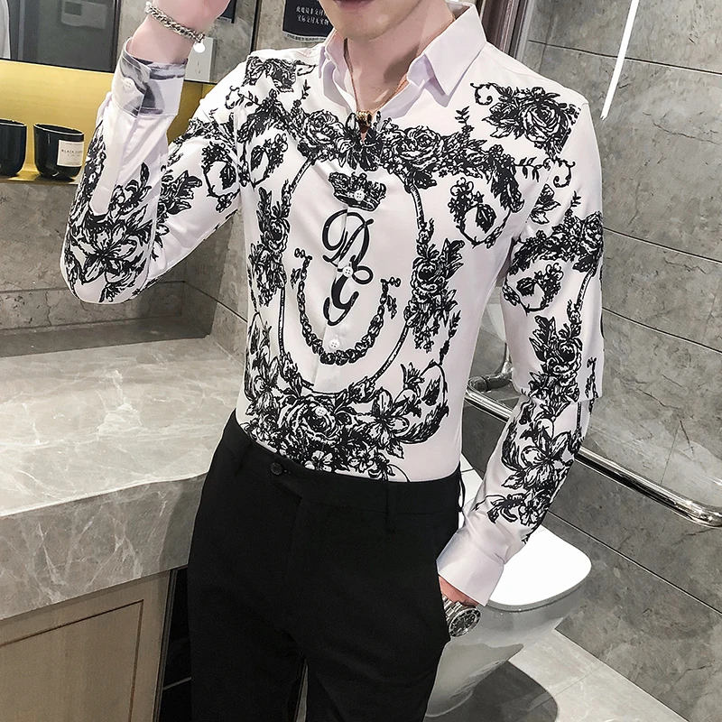 Корейская рубашка с цифровым принтом мужская мода 2020 уличная длинным рукавом для