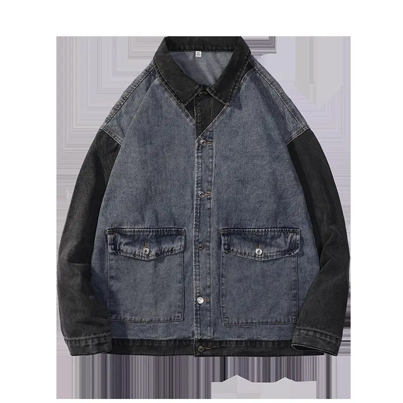 

2021 Men's Fashion Trend Denim Streetwear Jacket Casual Splicing Color Coats Lapel Collar Loose Cowboy Outerwear Plus Size S-3XL