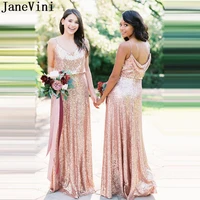 janevini elegant rose gold sequin bridesmaid dress long wedding party dresses spaghetti strap a line sexy women guest gowns 2020