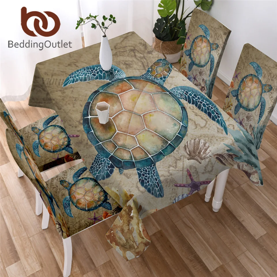 

BeddingOutlet Sea Turtle Tablecloth Map Tortoise Waterproof Table Cloth Marine Animal Starfish Decorative Table Cover 140x200cm