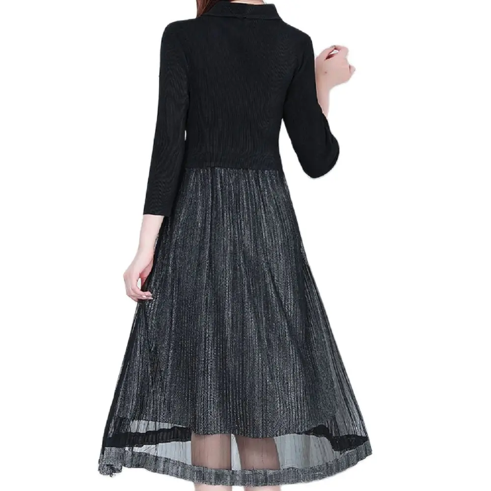 

2021 New Fashion Chiffon Pleated Dress Female Autumn Outfit Long Sleeve Slim Magic Skirt for Lady