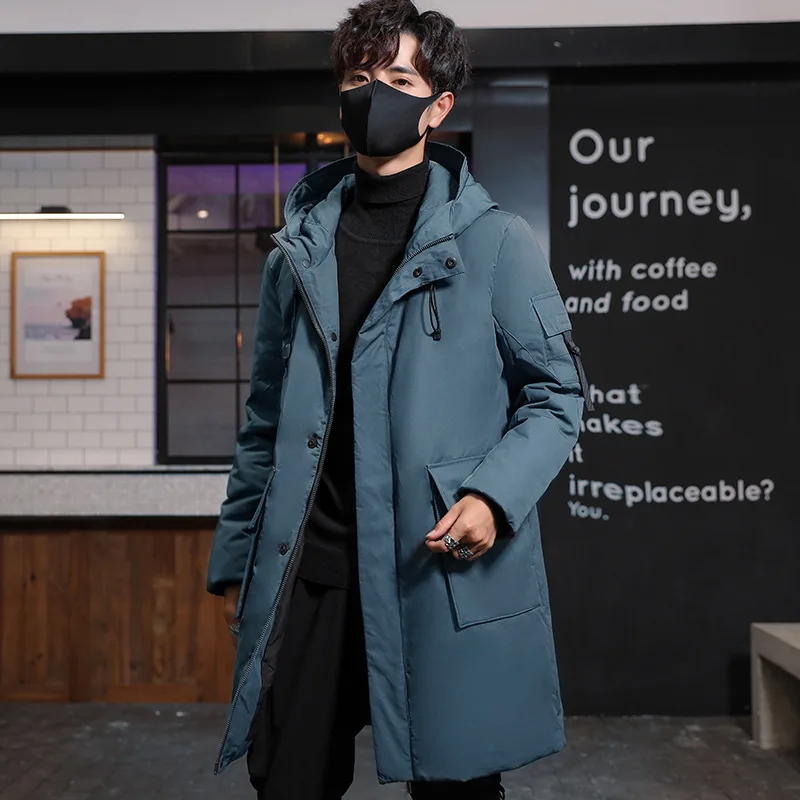 Down jacket men's mid-length section 2021 winter new hooded tooling down jacket warm couple casual jacket thickening