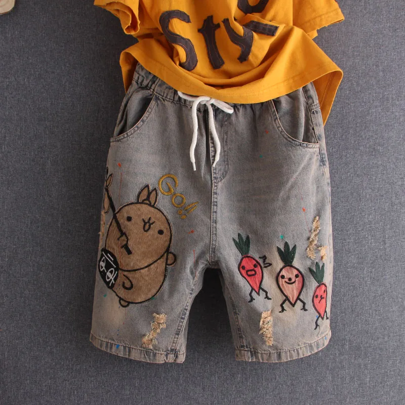 

Летние джинсы до колена, Выбеленные, с вышивкой, свободные, рваные, женские джинсы, на шнуровке, с эластичной резинкой на талии, джинсовые шта...