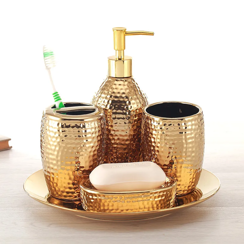 Bathroom Ceramic Wash Set Soap Dispenser Toothbrush Holder &amp Cup WIth Tray Creative Lavatory 4-5 Pieces Wedding Gift | Обустройство