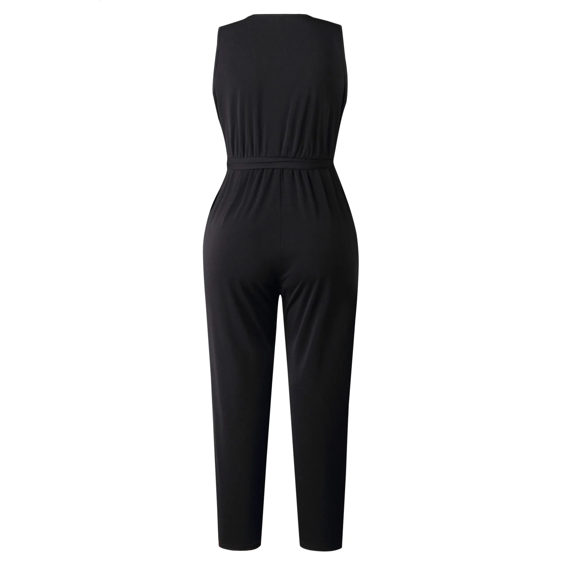 

Summer New Women Jumpsuit Fashion Lace Sleeveless Casual V-neck Pocket Women Rompers Black Jumpsuits Female Pants Bodysuits