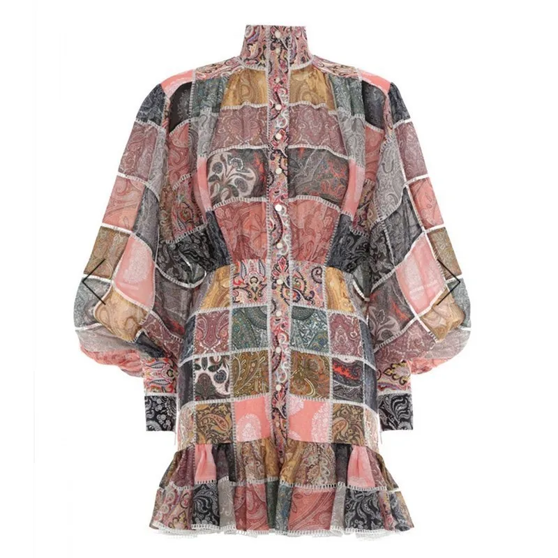 

Summer Vintage Dress Plaid Floral Women Stand Collar Lantern Sleeve Belted Mini Flounce Dress With Belt