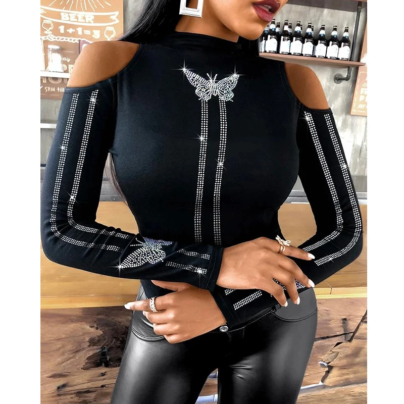 

Футболка женская с длинным рукавом, пикантная Повседневная мягкая и удобная тонкая рубашка с принтом бабочки, без бретелек, с круглым вырез...