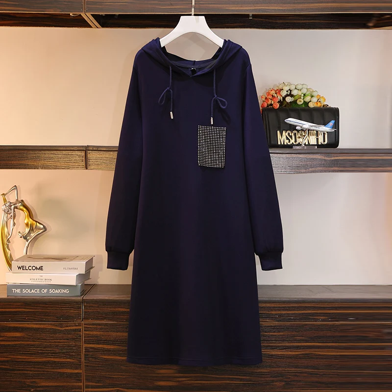 

Женское платье-свитшот с длинным рукавом, однотонное повседневное шикарное платье макси с капюшоном и стразами, осень 2021