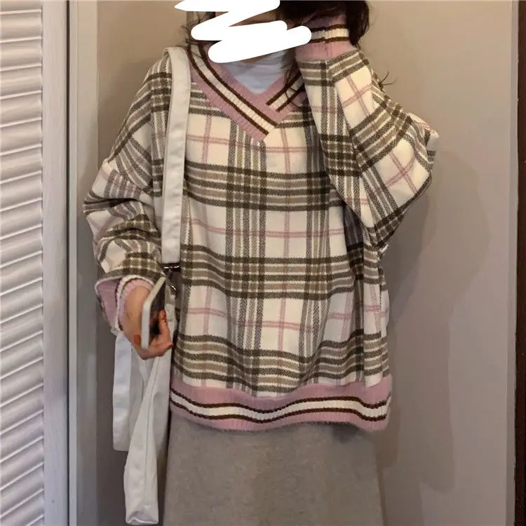 

oversized sweatshirt Autumn winter Korean style contrast plaid loose V-neck plus velvet long-sleeved sweater female tops