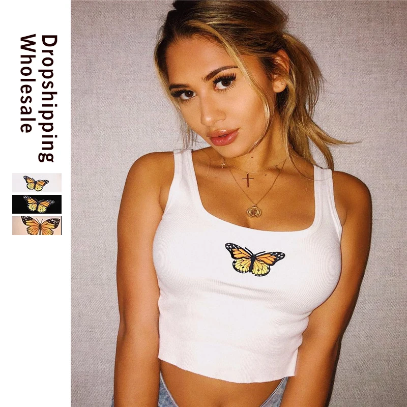 Женский укороченный топ без рукавов LAISIYI белый однотонный с вышивкой бабочкой на