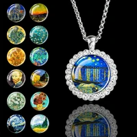 van gogh sunflower starry night necklace jewelry gift glass cabochon rhinestone famous oil painting pendant necklaces