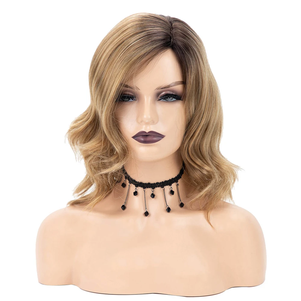 

Lady Long Omber Brown Synthetic Wig With Side Part Bang Nature Wavy Heat Resistant Fiber For Women Daily Party Use