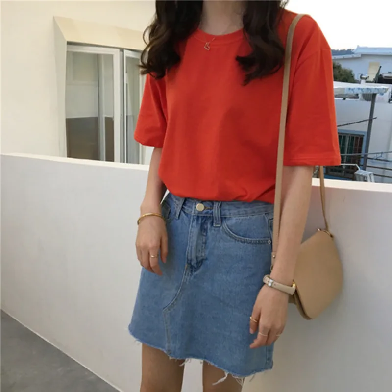 

2020 Summer Retro Students Loose Solid Color Wild Cotton Short-sleeved T-shirt Female Harajuku White Women's T-shirt O-neck Top
