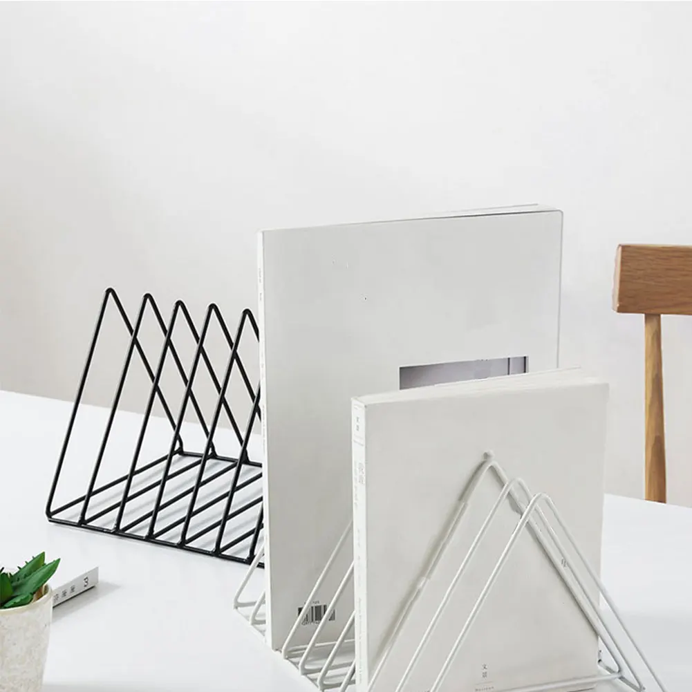 

Iron Book Rack Book Holders Shelf Desktop Magazine Rack Triangle File Organiser Home Office Table Livingrrom Coner Decorations