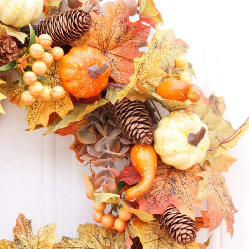 

Autumn Theme Door Wreath Artificial Pumpkin Berries Pine Cone Maple Manmade Garland Cloth Rattan Material Home Decoration Suppli