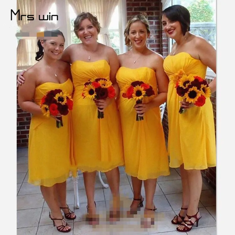 Платье подружки невесты Mrs win желтое шифоновое платье без бретелек длина ниже 50
