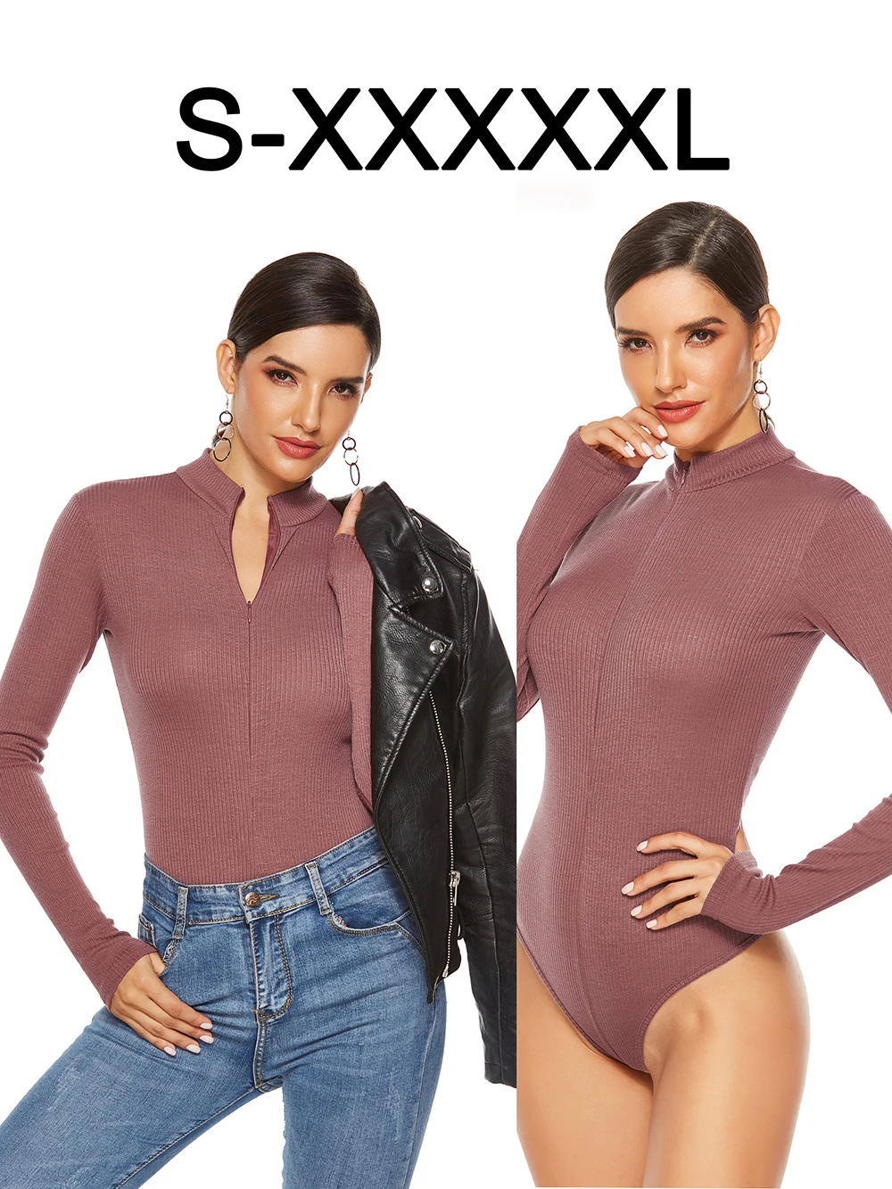 Женские Боди комбинезон облегающее платье на молнии с длинным рукавом размера