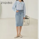ZIQIAO, женская джинсовая синяя юбка до колен, джинсовые юбки