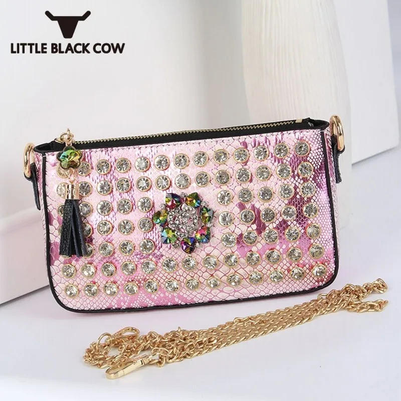 

Стильная женская сумка через плечо, маленькая, розовая, стразы, цепи, украшенные бриллиантами, сумка клатч с бахромой