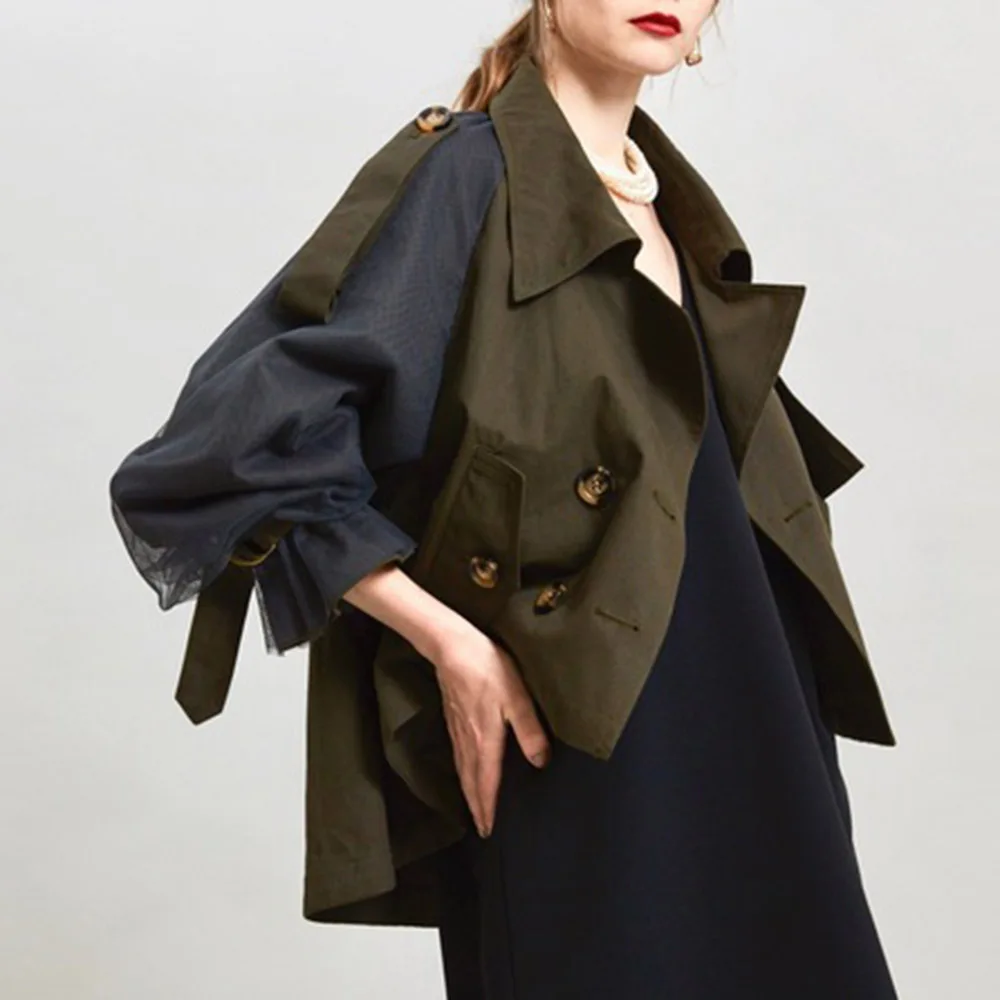 Женский двубортный Тренч с отворотами сетчатый Повседневный в японском стиле