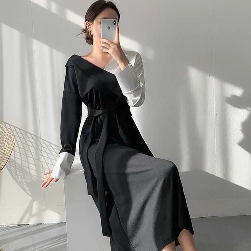 

Korean Elegant Office Dresses Woman Slim Long Sleeves Patchwork Lace Dress Spring Autumn Fashion 2021 Women'S Dress Midi Dress