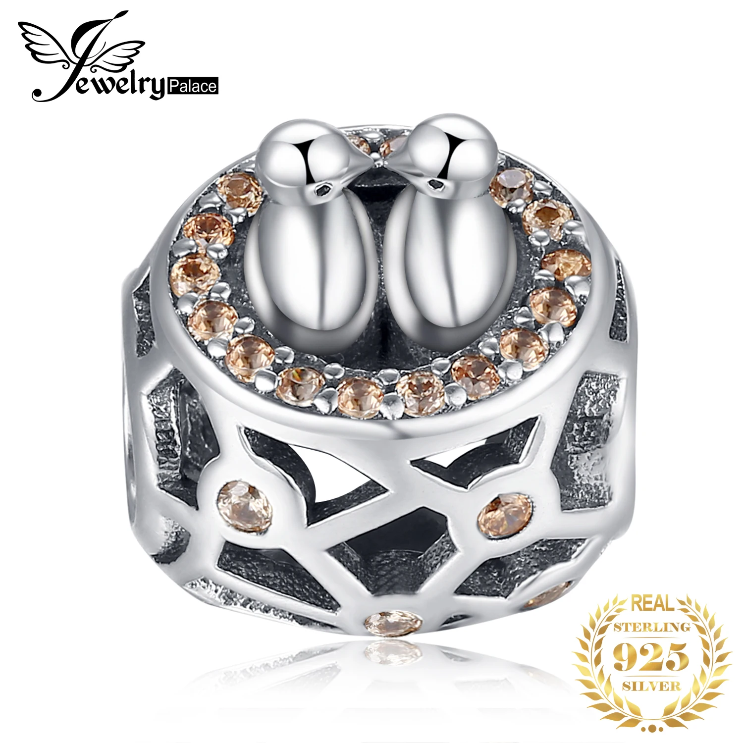 JewelryPalace 925 пробы серебро шампанское кубический ZirconiaTwo любовь птицы и гнездо Шарм