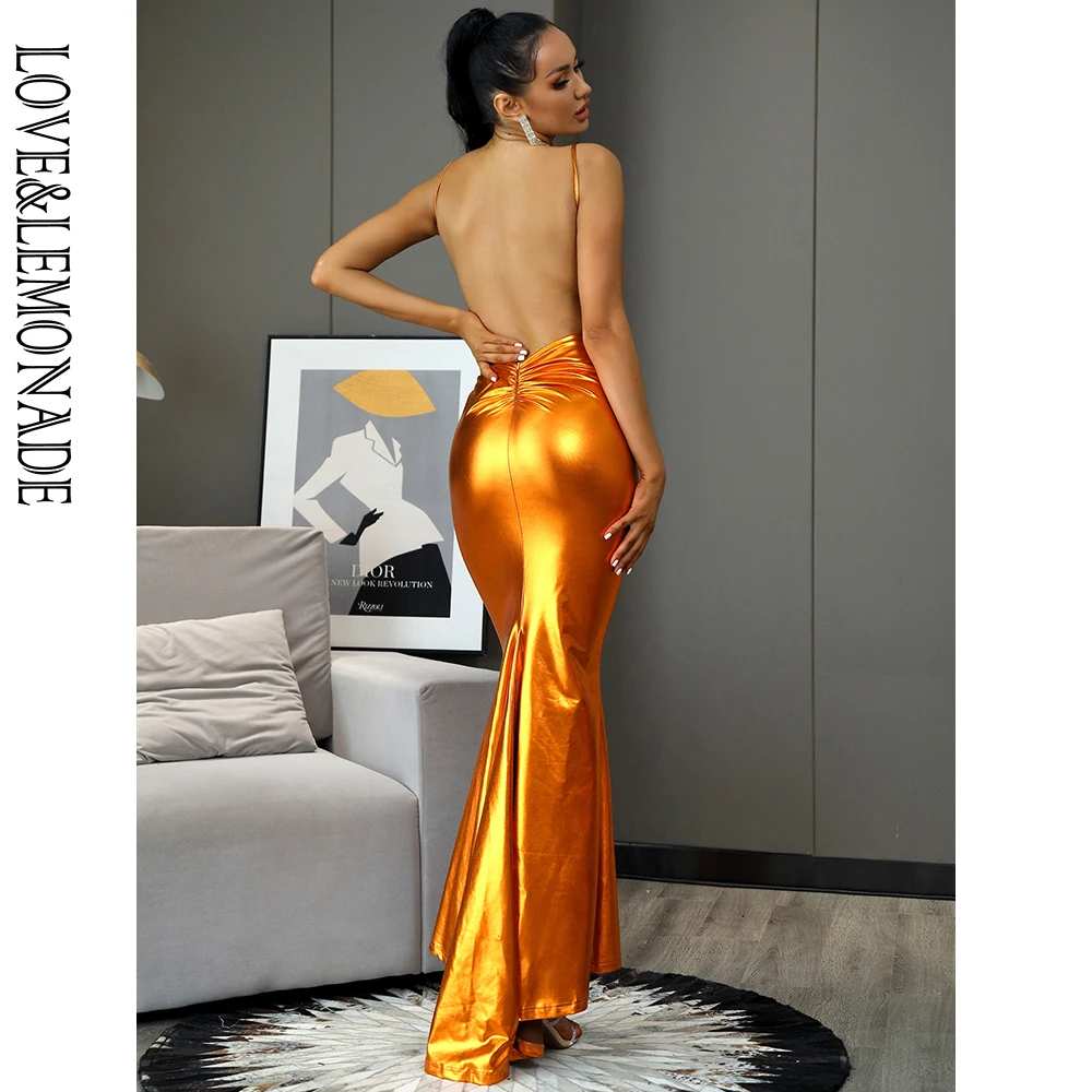 

LOVE&LEMONADE Sexy Deep V-Neck Open Back Reflective Orange Bodycon Fishtail Shape Elastic Maxi Dress Christmas LM81222A