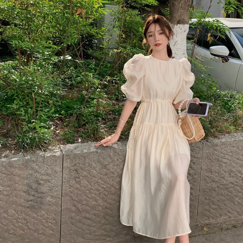 

White Vintage Dress Women 2021 Summer New Bubble Sleeve Fold Waist French Dress Elegant Beach Holiday Party Evening Dress Lady