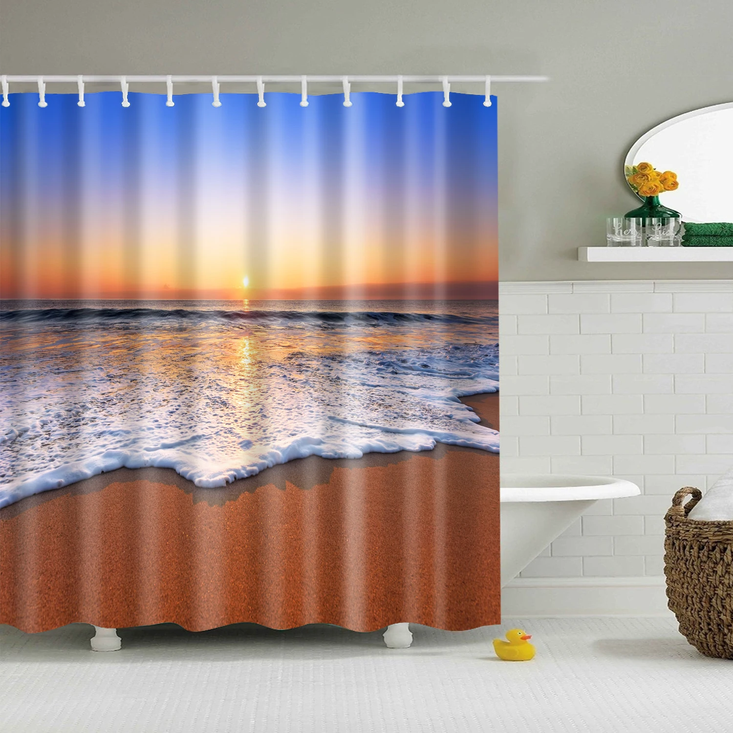 

Modern Sea Beach Scenery print Shower Curtains Blue Sky Ocean Landscape Coconut Tree Bathroom Blackout Waterproof Cloth Curtain