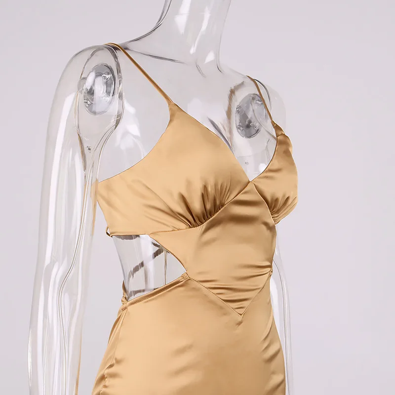 

Elegant Satin Maxi Dress for Women Spaghetti Strap Bandage Skinny Summer Beach Dress V Neck Backless