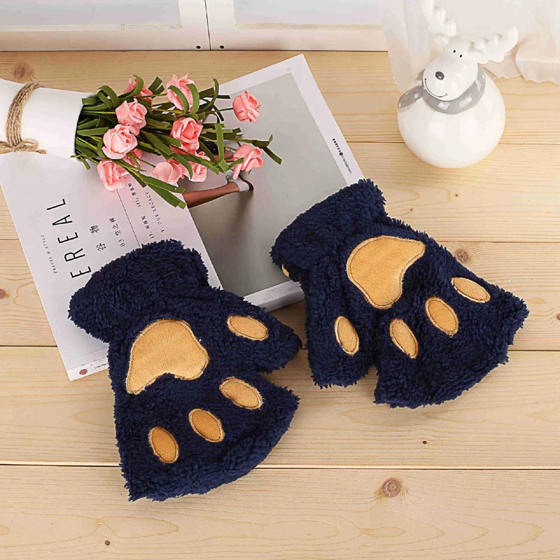 

New Women Cute Cat Claw Paw Plush Mittens Warm Soft Plush Short Fingerless Fluffy Bear Cat Gloves Costume Half Finger Party Gift