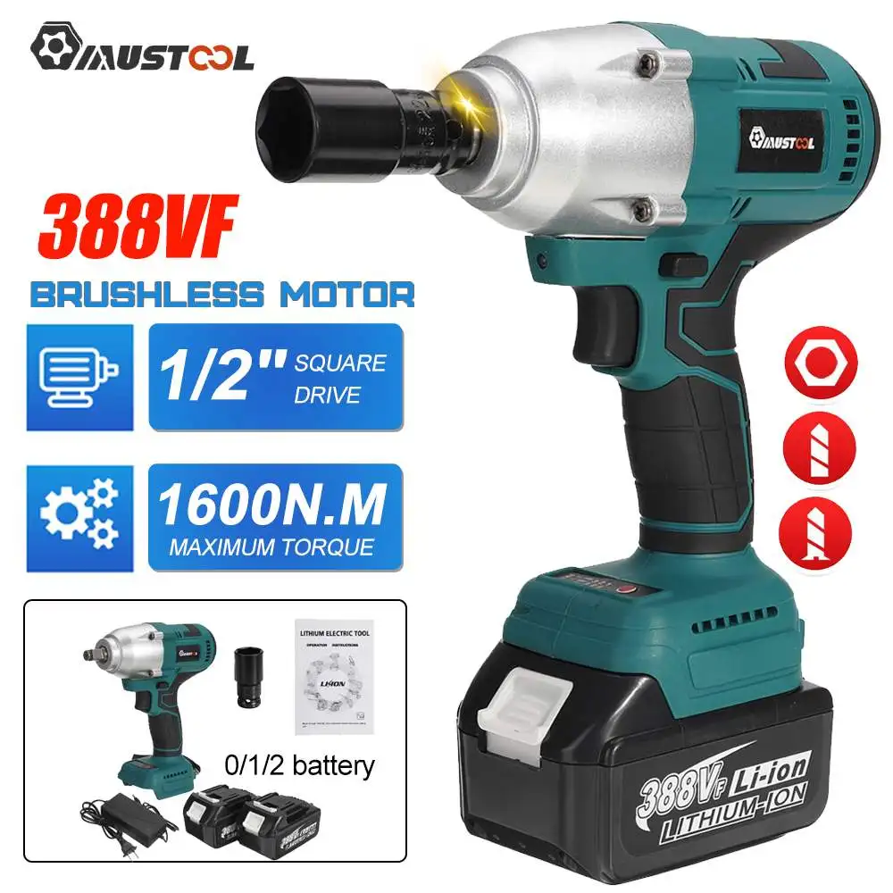 

MUSTOOL 1600N.M High Torque Brushless Electric Impact Wrench 1/2 Socket Cordless Wrench Power Tools for Makita 18V Battery
