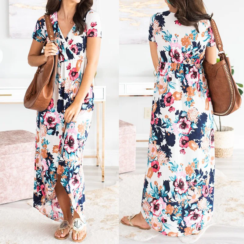 

Summer New Women's Printed Dress Short-sleeved V-Neck Ankle-Length Dress