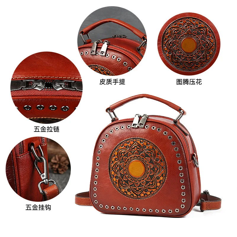 Women's bag 2021 new leather women's head round hole totem portable single shoulder |