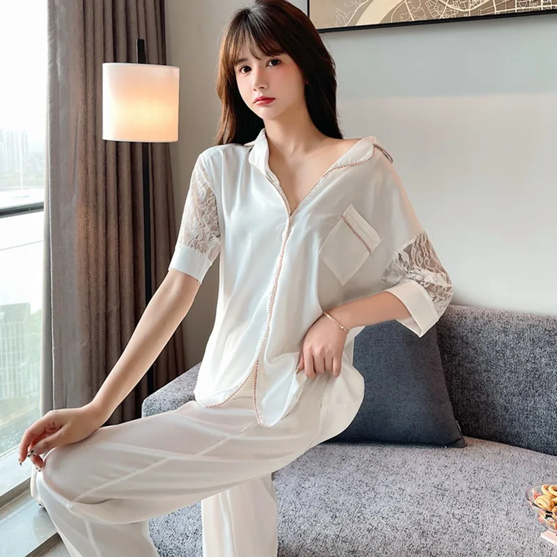 

2021 Summer Short Sleeve Long Pants Silk Satin Pajama Sets for Women Cute Lace Sleepwear Suit Homewear Pijama Mujer Home Clothes