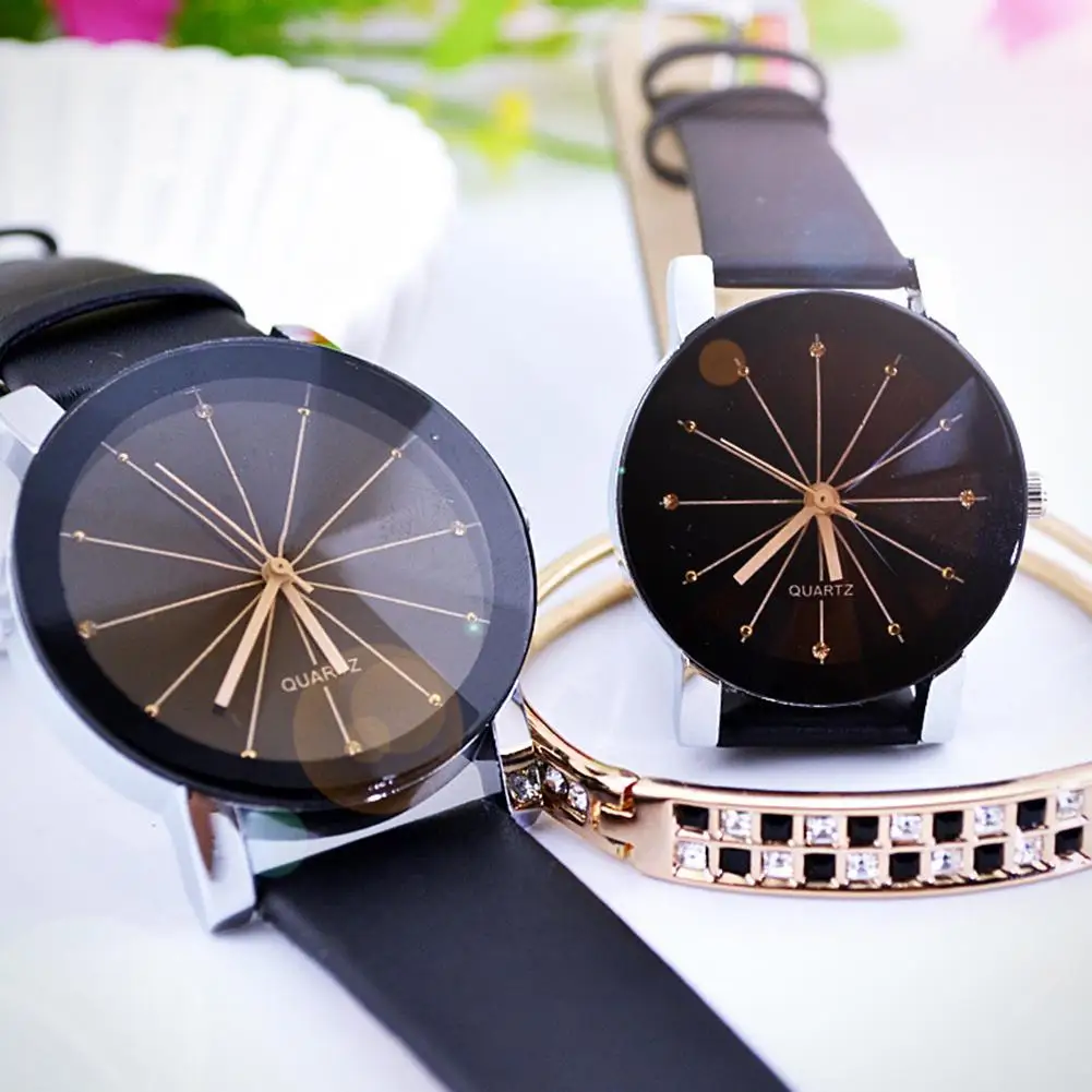 1Pc Fashion Men Women Faux Leather Band Wristwatch Round Pointer Quartz Watch Lovers Clock Смот�