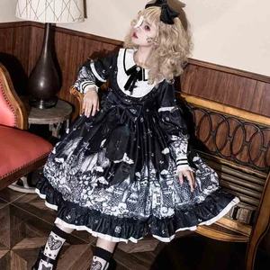 Japanese Lolita Style Harajuku Gothic Sweet Cosplay Flare Sleeve Lace Up Cartoon Print Lace Dress Kawaii Ruffles Dresses Female
