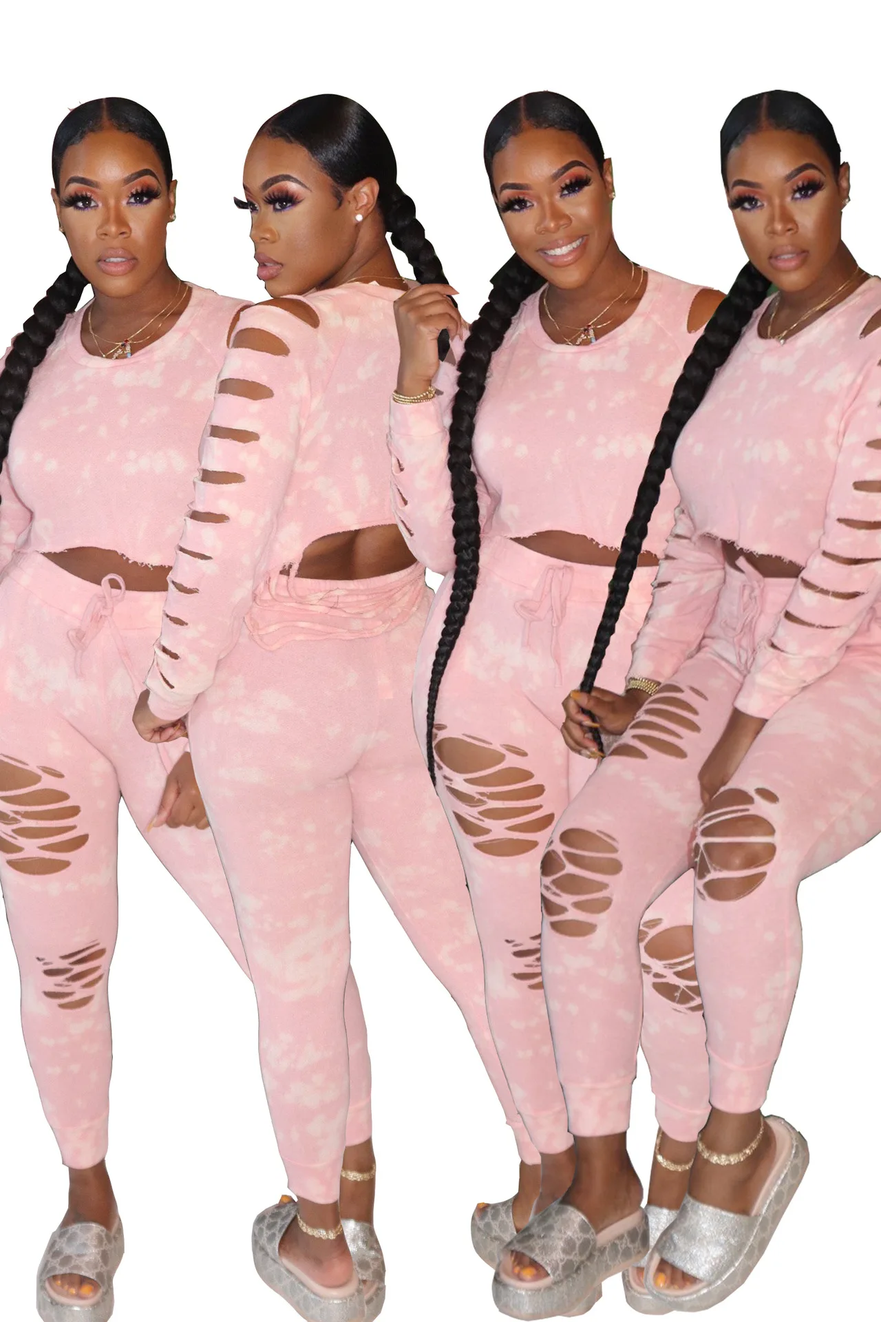 

2020 New Autumn Women Suit Hot Style Model Hole Long Sleeves Round Neck Shirt & Trousers European and American 2 Piece Set