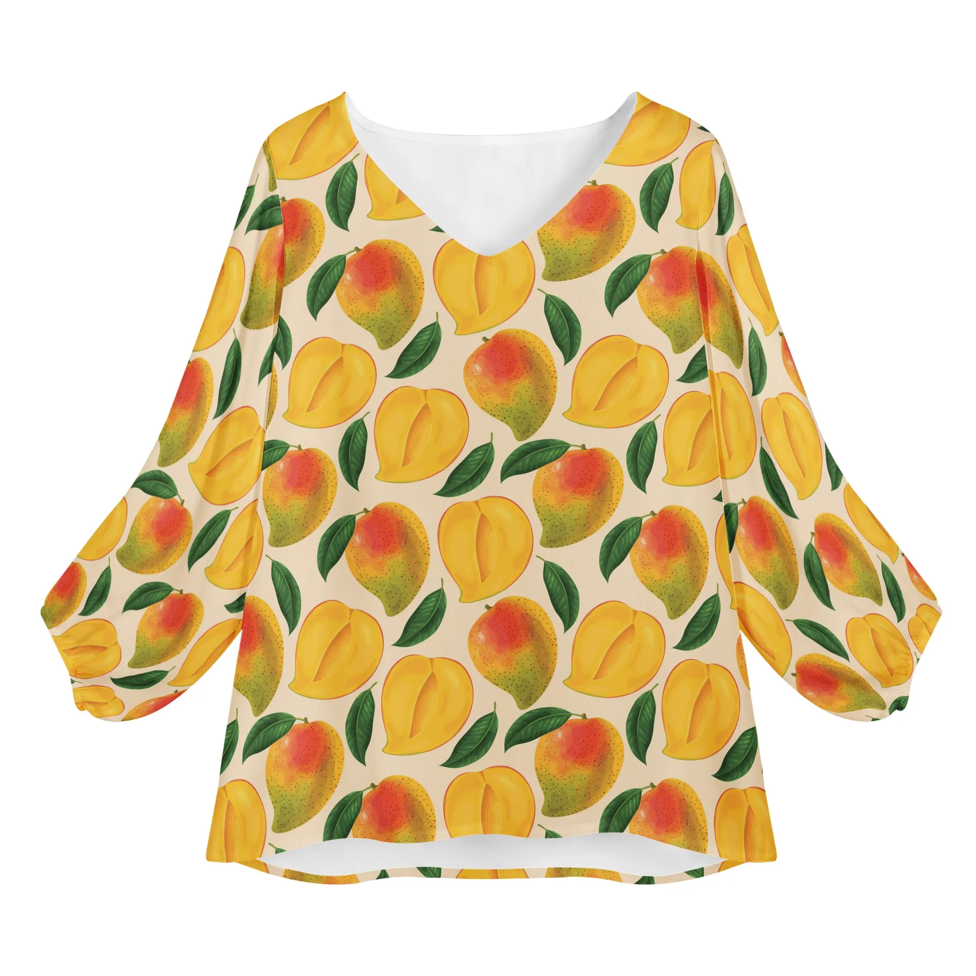 

Женская шифоновая блузка с длинным рукавом, V-образным вырезом и принтом фруктов