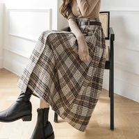 office ladies vintage autumn winter warm midi long skirt women korean irregular plaid mid length high waist skirt female belt