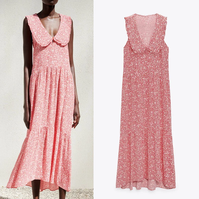 

Za 2021 Loose Floral Print Midi Dress Women Summer Sleeveless V-neck Lapel Pleated Long Dresses Casual Oversized Female Dress