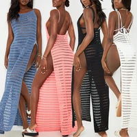 skmy women clothing 2021 summer beach party clubwear split knitted sexy spaghetti strap long maxi vacation dress solid color