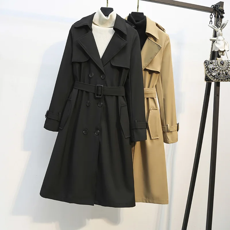 

Brand New Spring Autumn Long Women Trench Coat Double Breasted Belted Storm Flaps Khaki Dress Loose Coat Lady Outerwear