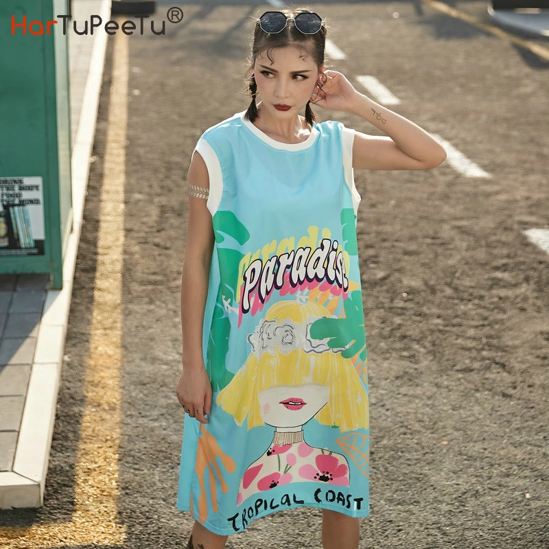 

Платье-футболка женское в стиле оверсайз, повседневное милое платье в стиле Харадзюку, без рукавов, с забавным мультяшным принтом, сетчатая ...