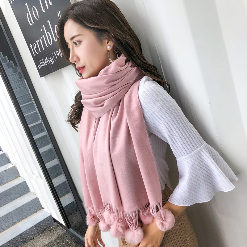 Теплые зимние шерстяные кашемировые шарфы с помпонами розовый толстый шарф